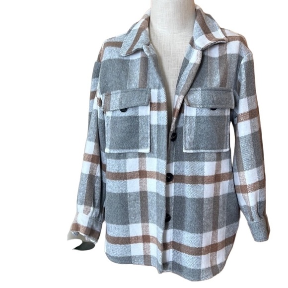 Unbranded Small Gray Plaid Flannel Cozy Warm Shacket Jacket Neutral Cabincore - Picture 2 of 8